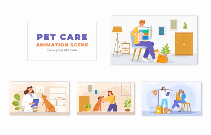 Flat 2D Cartoon Pet Care Animation Scene